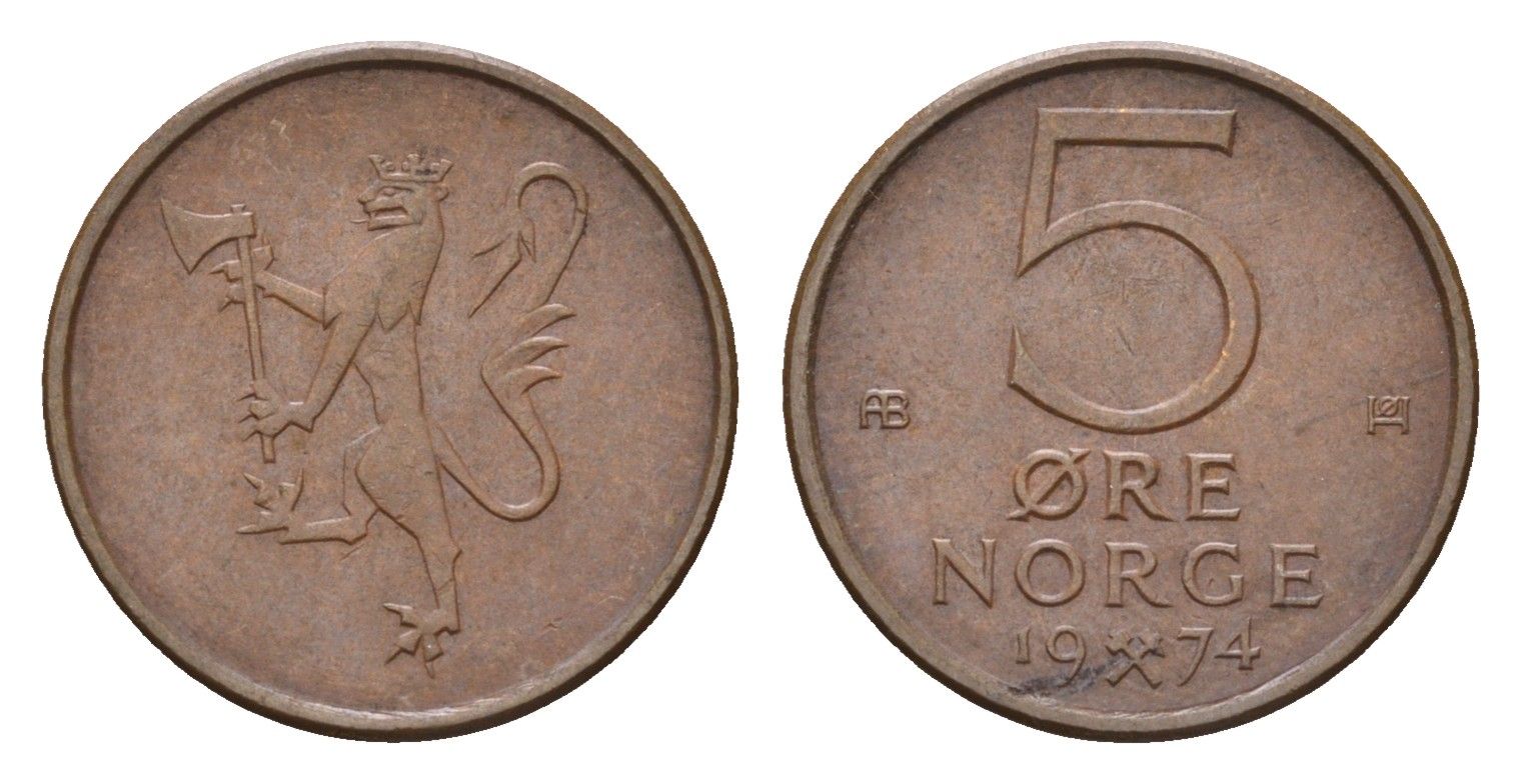 Норвегия 5 эре 1974 Улаф V (1957-1991) KM 415 бронза 4702-264