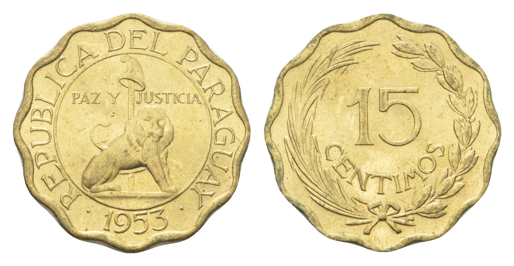 Парагвай 15 сентимо 1953 лев, фригийский колпак на шесте KM 26 алюминиевая бронза  aUNC  M78-05