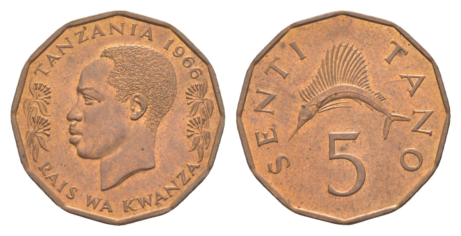 Танзания 5 центов 1966 KM 1 бронза UNC 4620-822