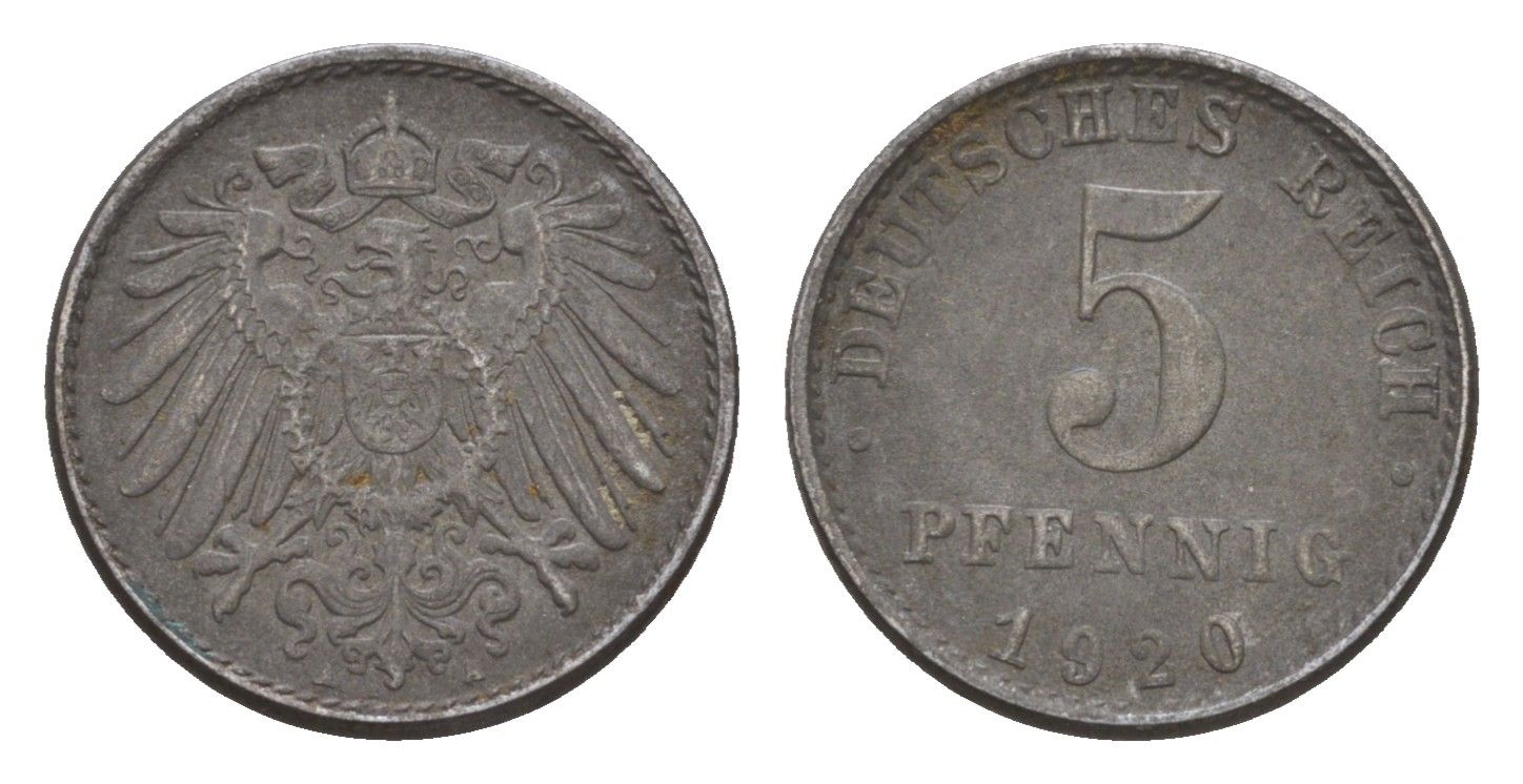 Германия 5 пфеннигов 1920 A KM 19, J. 297 железо плакированная цинков 4659-229