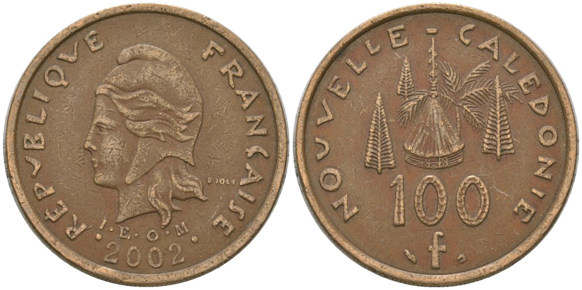 Французская Новая Каледония 100 франков 2002 хижина среди сосен и пальм, (IEOM) KM 15, Schoen 16, Lec 139f никель латунь 4149-115