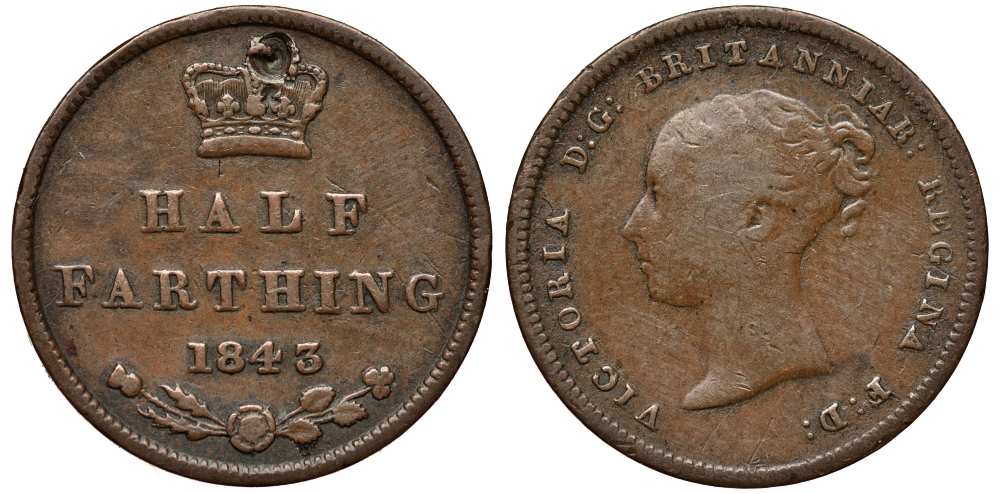 Великобритания 1/2 фартинга 1843 Виктория (1837-1901) KM 738, Spink 3951 медь 1518-123
