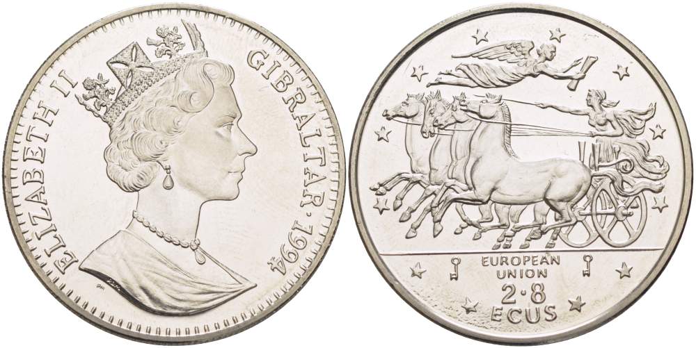 Гибралтар 2,8 экю 1994 ЕВРОПЕЙСКИЙ СОЮЗ, КВАДРИГА, МИФОЛОГИЯ KM 489 медно-никель UNC 4527-513