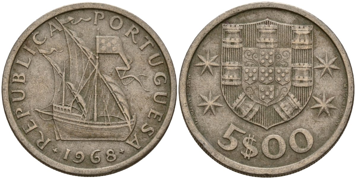 Португалия 5 эскудо 1968 KM 591 медно-никель 4156-541