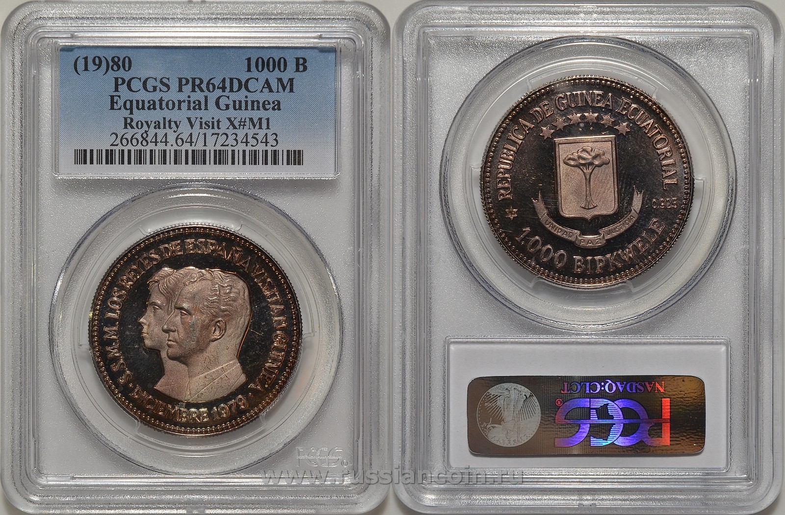 Экваториальная Гвинея 1000 биквеле 1980 визит короля Испании, пробник,  слабе PFGS 64 CAMEO KM X M1 медно-никель PROOF 15-007-11