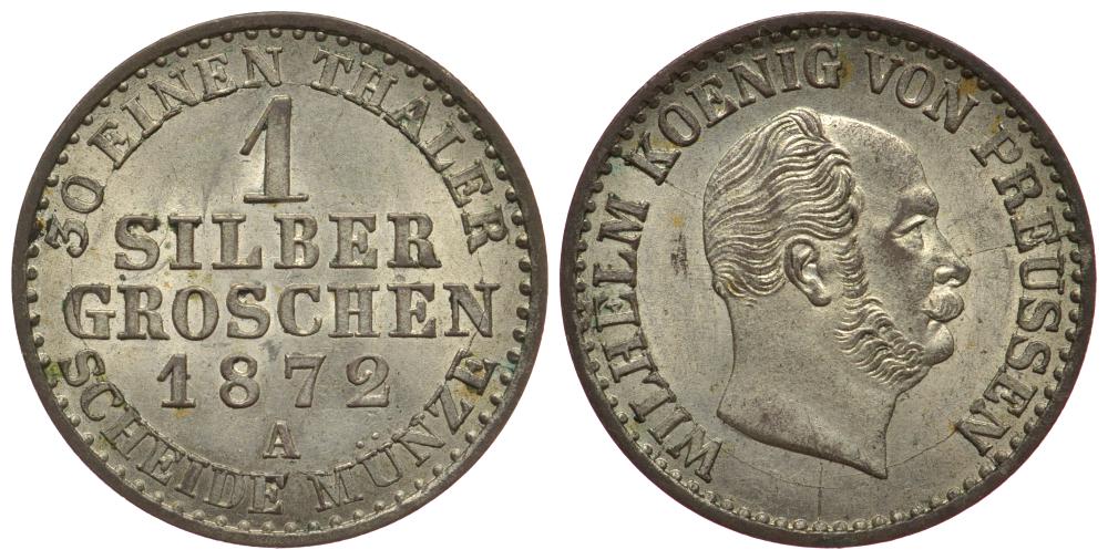 ПРУССИЯ 1 ГРОШ 1872 A KM 485 серебро 1522-915