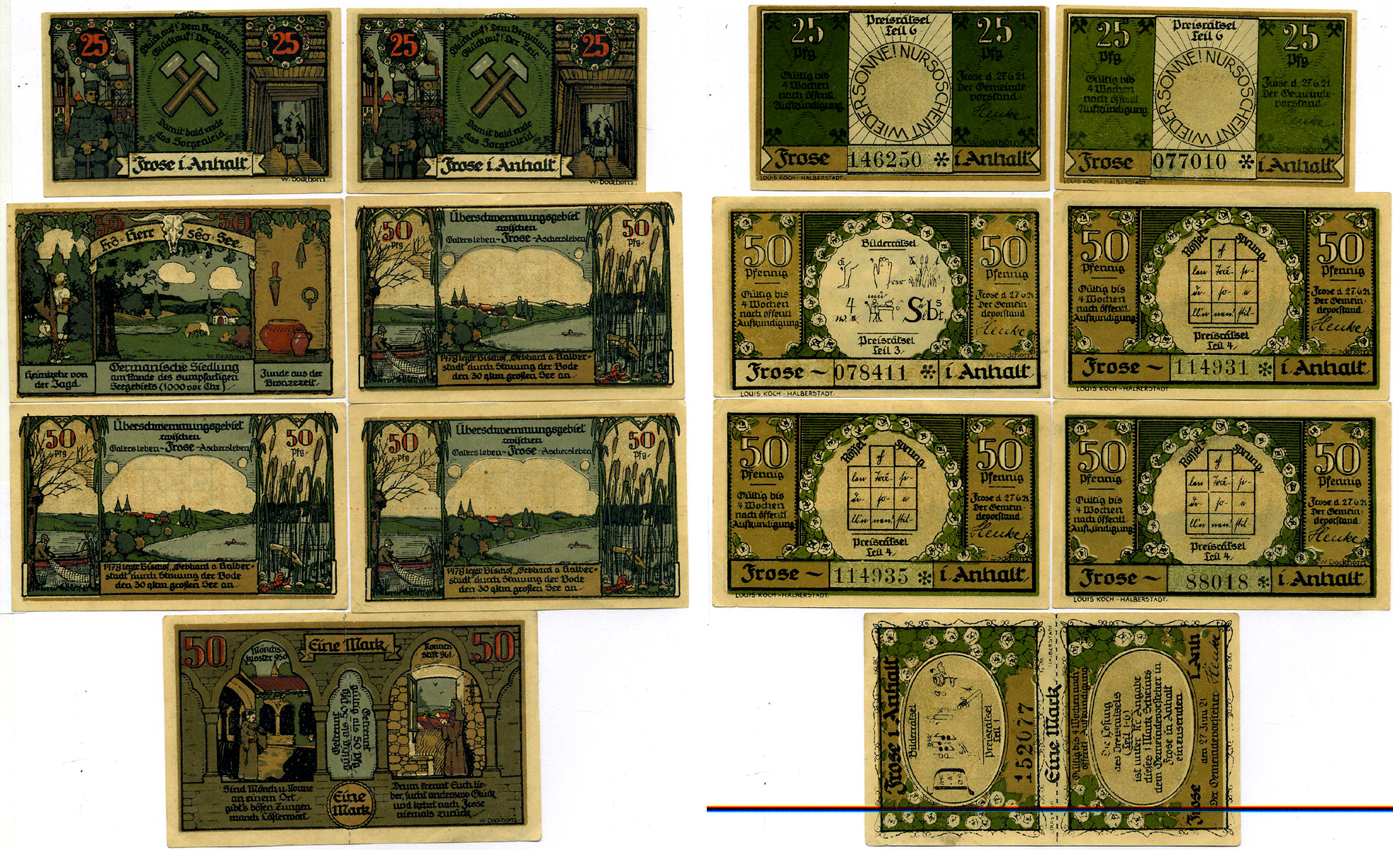 ФРОЗЕ НАБОР ИЗ 7 БАНКНОТ 1921 27 ИЮНЯ 1921, НОТГЕЛЬД (25, 25, 50, 50, 50, 50, 2Х50 ПФЕННИГОВ), НОМЕР 6, 6, 4, 4, 4, 3, 1, ЗЕМЛЯ САКСОНИЯ-АНХАЛЬТ Grabowski 398.3а бумага 2193-6-2-1