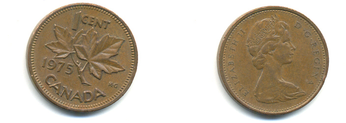 Канада 1 цент 1975 Елизавета II (1952-2022), кленовый лист KM 59.1 бронза 177-1344