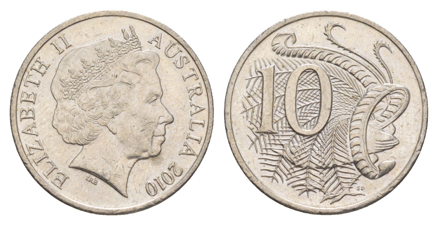 Австралия 10 центов 2010 Елизавета II (1952-2022), птица лирахвост KM 402 медно-никель 4525-445