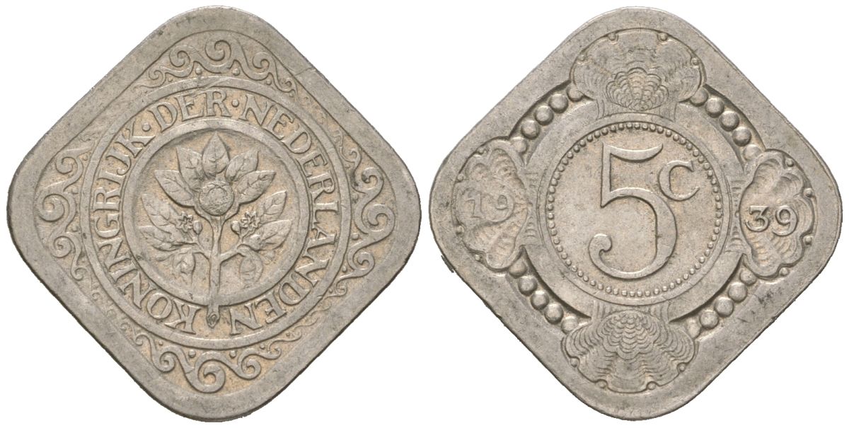 Нидерланды 5 центов 1939 Вильгельмина (1890-1948) KM 153 медно-никель 4171-231