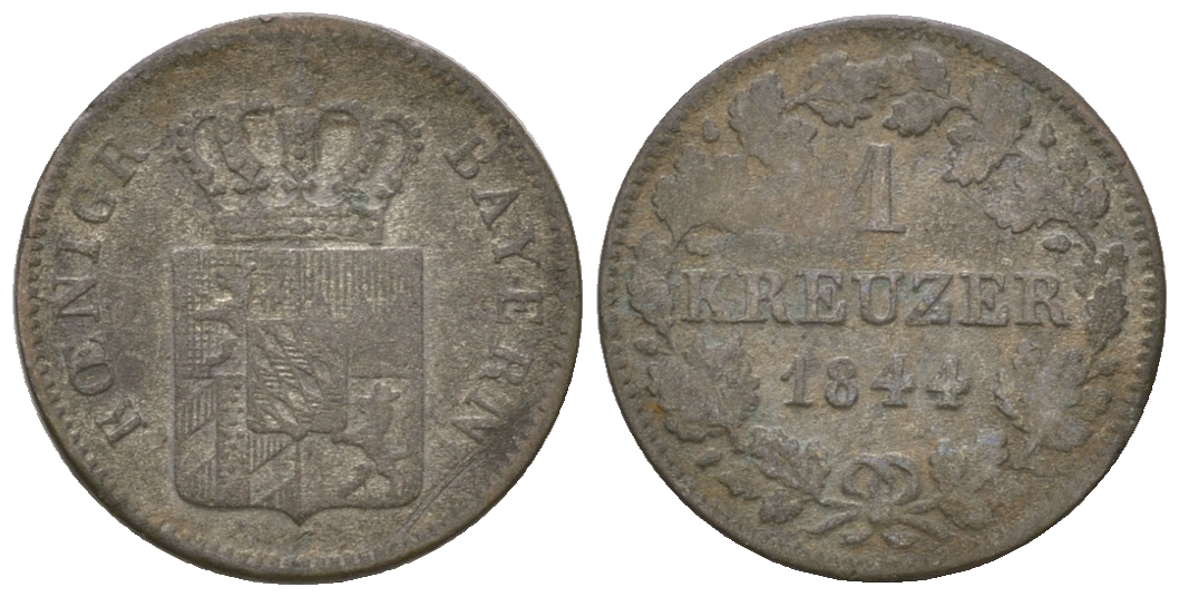 Бавария 1 крейцер 1844 Людвиг I (1825-1848) KM 422, AKS 88 серебро 4615-1263