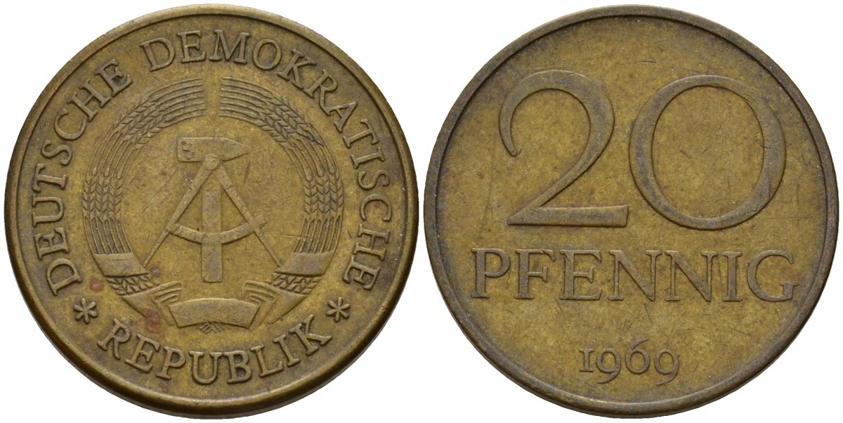 ГДР 20 пфеннигов 1969 A, первый год KM 11 латунь 95-424