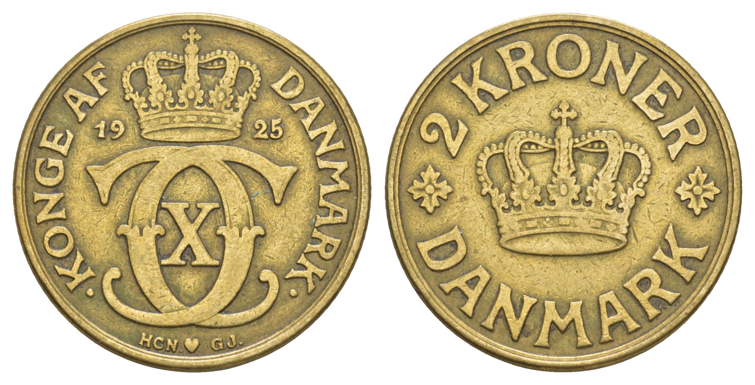 Дания 2 кроны 1925 HCN; GJ, Кристиан X (1912-1947) KM 825 алюминиевая бронза 114-545