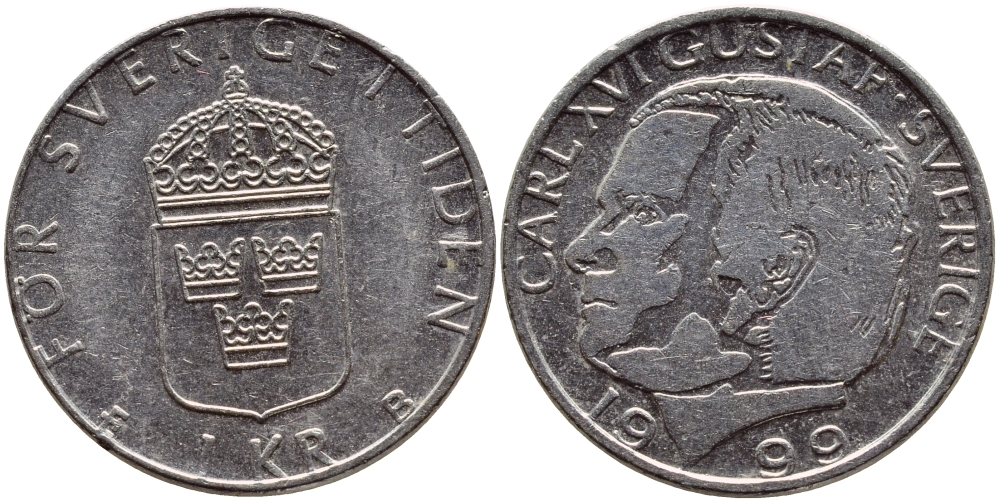 Швеция 1 крона 1999 Карл XVI Густав (1973- ) KM 852a медно-никель 89-1347