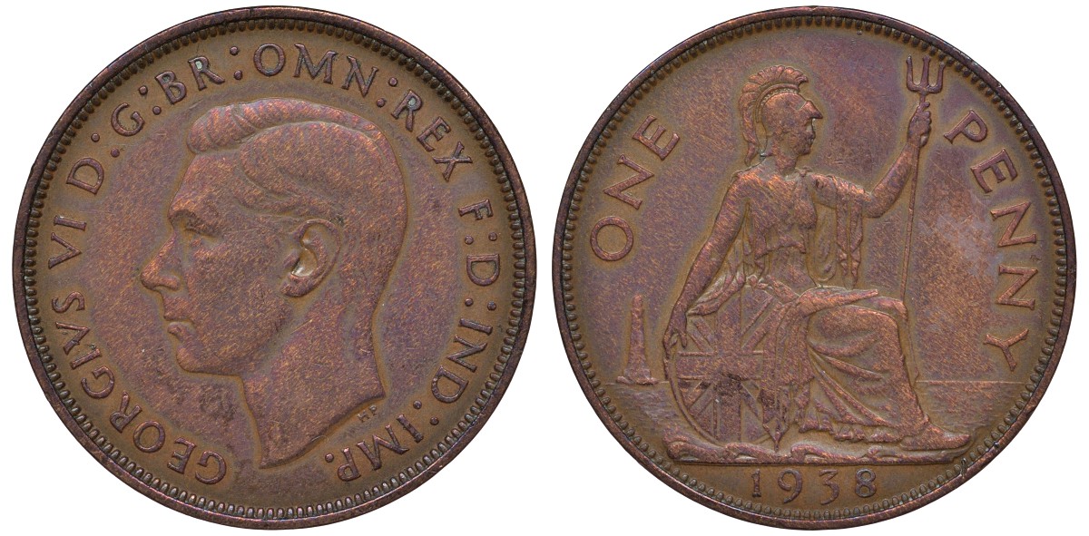 Великобритания 1 пенни 1938 Георг VI (1936-1952) KM 845, Spink 4114 бронза 4131-431