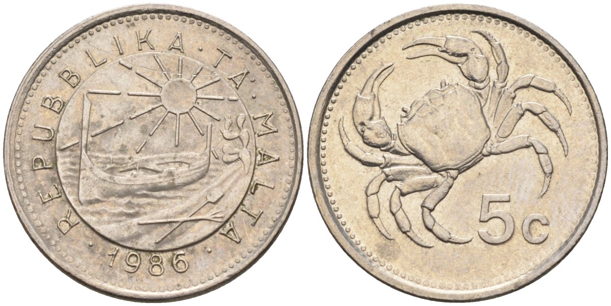 Мальта 5 центов 1986 краб KM 77 медно-никель 4516-214