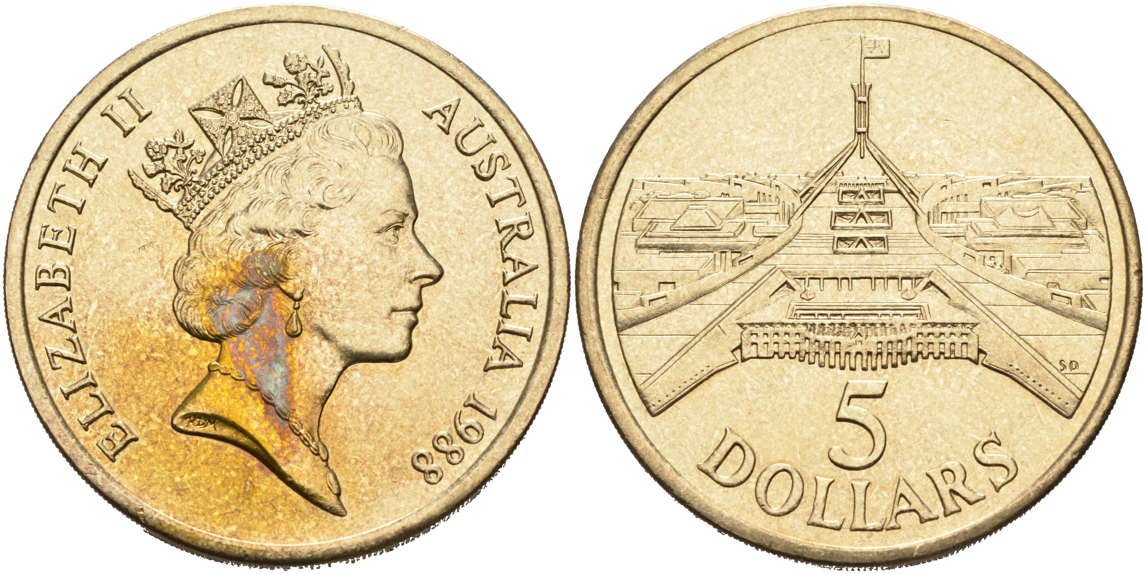 Австралия 5 долларов 1988 новое здание Парламента Австралии KM 102 алюминиевая бронза UNC 4558-831