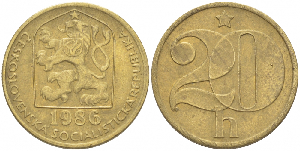 Чехословакия 20 геллеров 1986 KM 74 латунь 3309-728