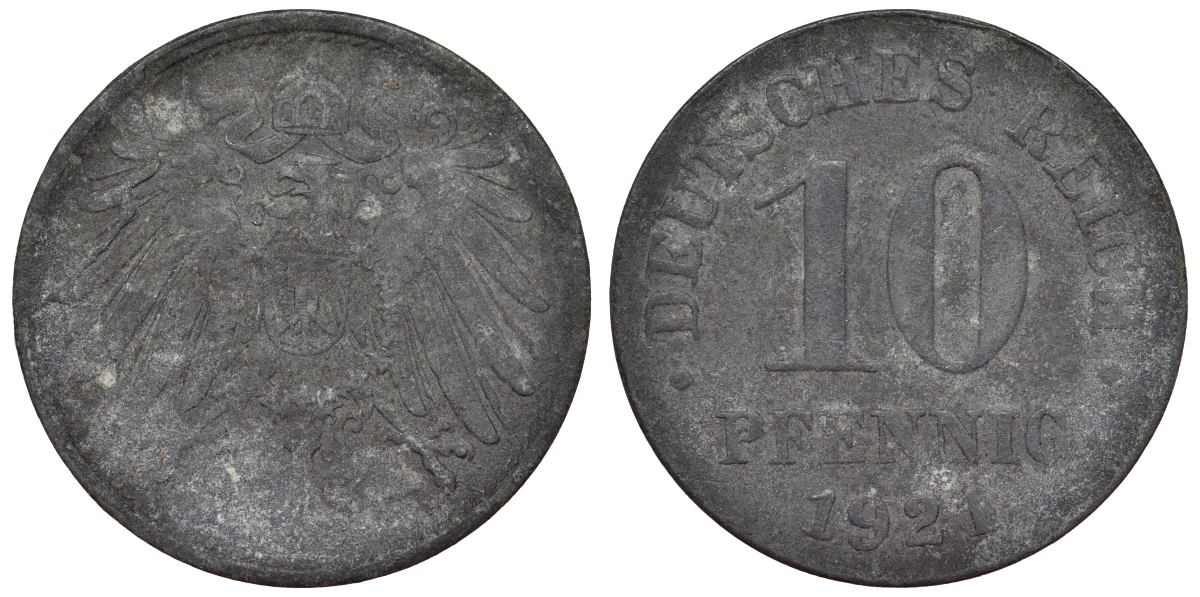 Германия 10 пфеннигов 1921 KM 26, J. 299, Weege 8 цинк 4119-343