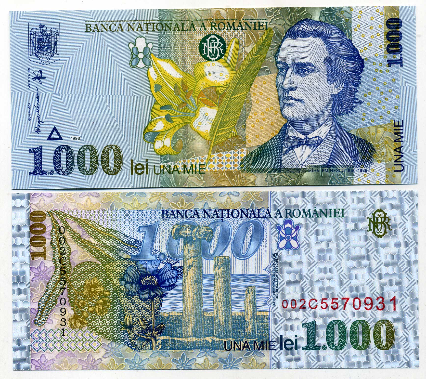 Румыния 1000 леев 1998 Михай Эминеску, форт Истрии Pick 106 бумага UNC (пресс) 449-58-1