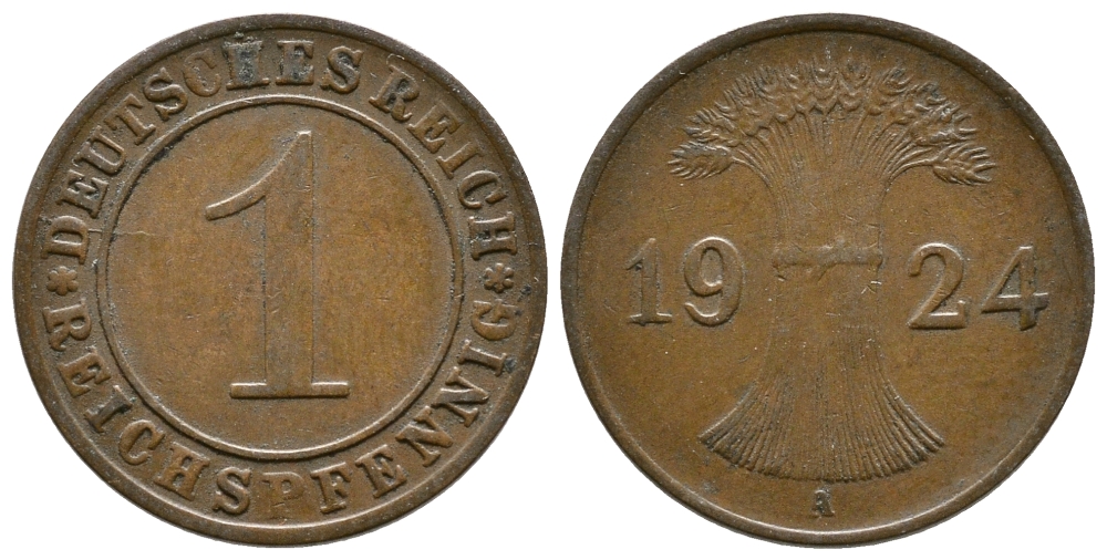 ГЕРМАНИЯ 1 РЕЙХСПФЕННИГ 1924 А KM 37, J.313 бронза 4380-1053