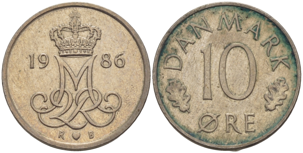 Дания 10 эре 1986 R; B, Маргрете  II (1972-2024) KM 860.3 медно-никель 100-264