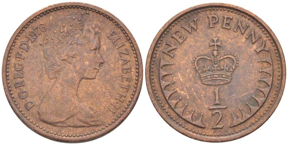 Великобритания 1/2 пенни 1976 Елизавета II (1952-2022) KM 914, Spink 4239 бронза 46-666