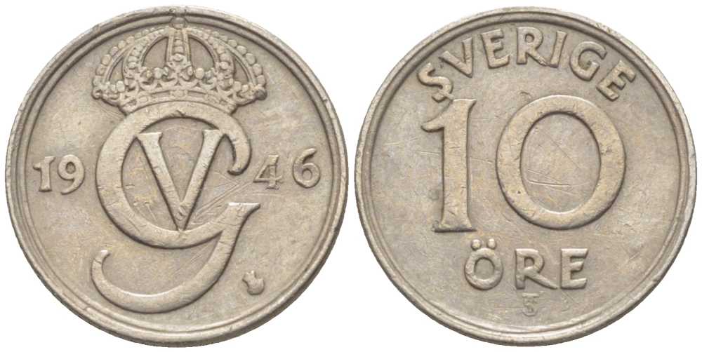 Швеция 10 эре 1946 TS, Густав V (1907-1950) KM 795 никель бронза 116-1168