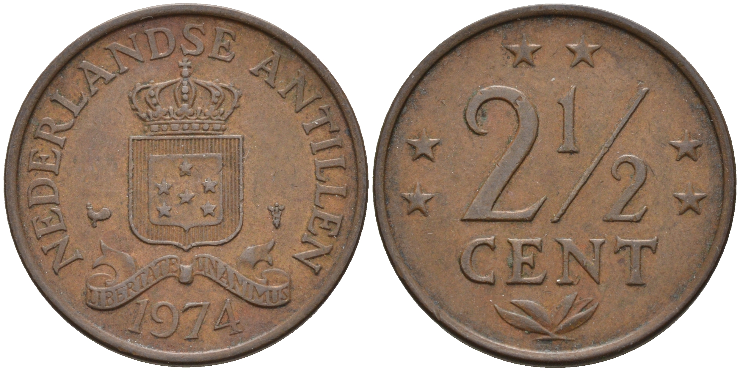 Нидерландские Антилы 2 1/2 цента 1974 Юлиана (1948-1980) KM 9 бронза 4595-421