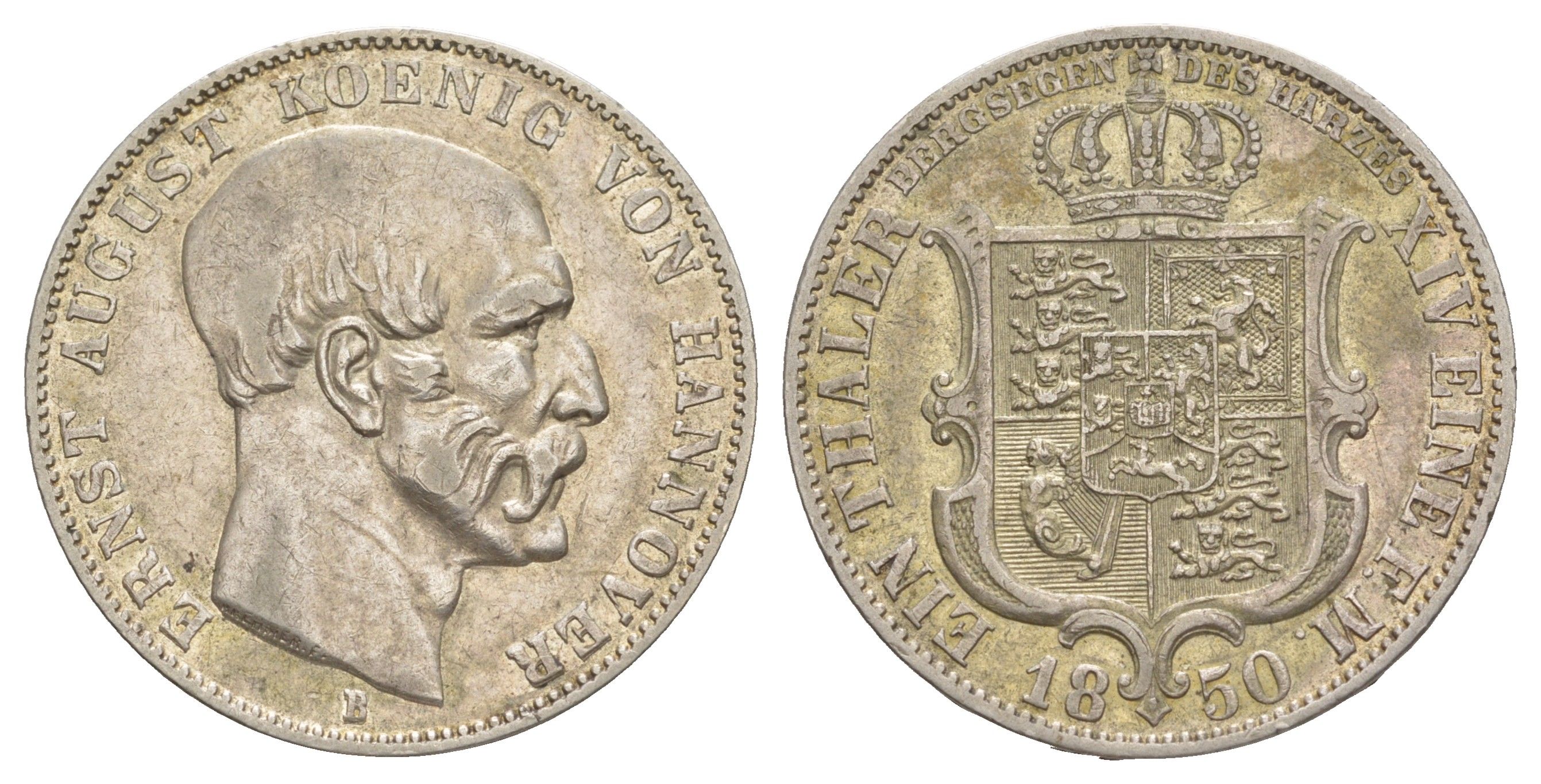 Ганновер 1 талер 1850 B, Эрнст Август (1837-1851) KM 209.2, Daveenport 677, AKS 134 серебро 1523-935