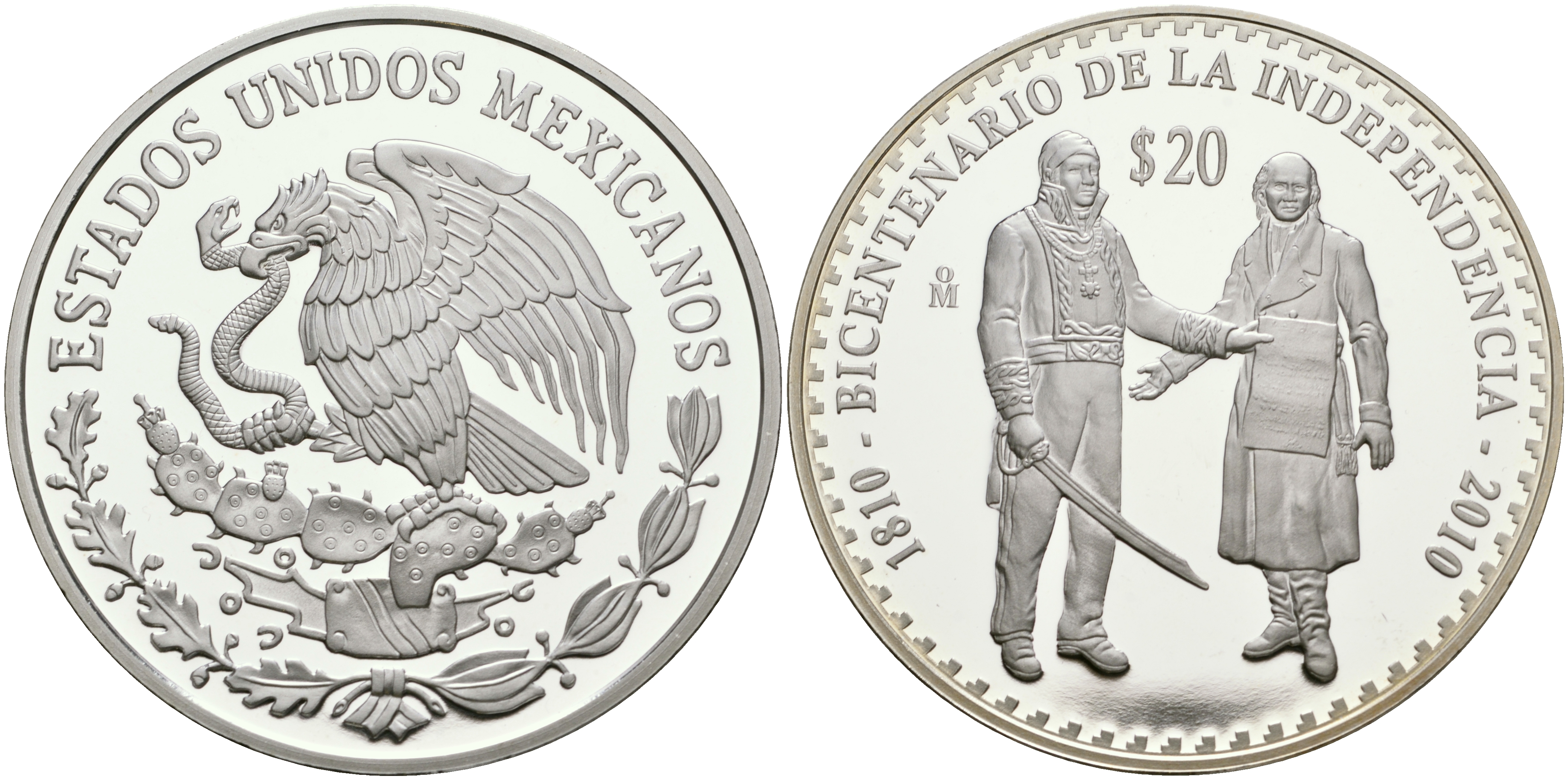 Мексика 20 песо 2010 200 лет независимости Мексики, Идальго и Морелос KM 940 серебро PROOF 11-243-12