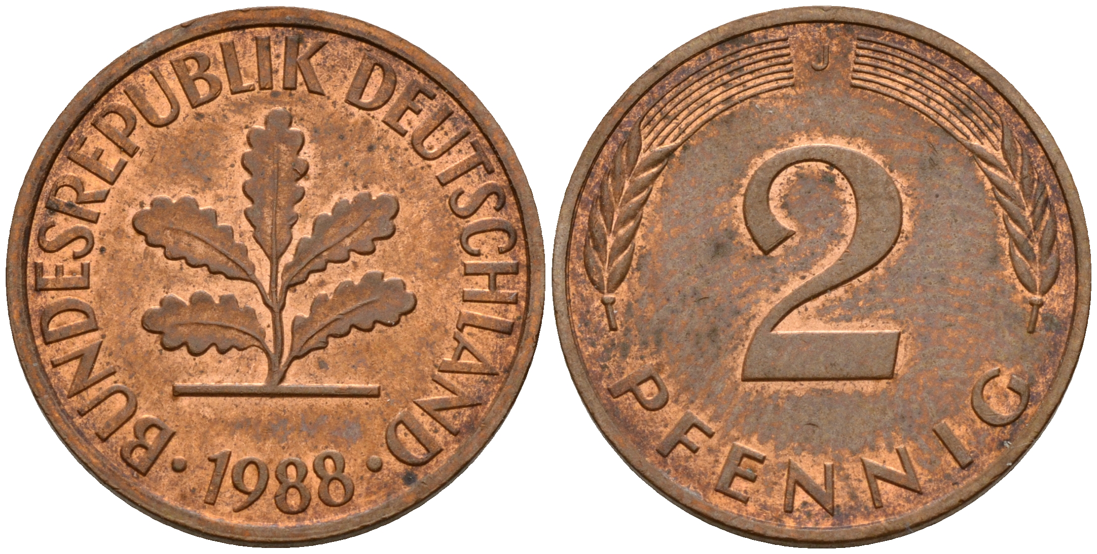 ФРГ 2 пфеннига 1988 J J.381a, KM 106a сталь плакированная медью    4598-922