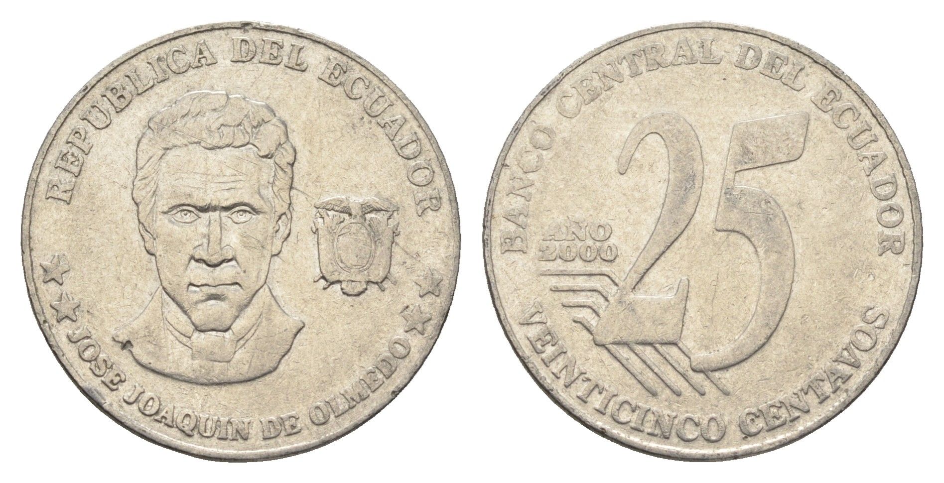 Эквадор 25 сентаво 2000 год-тип KM 107 нержавеющая сталь 4663-356