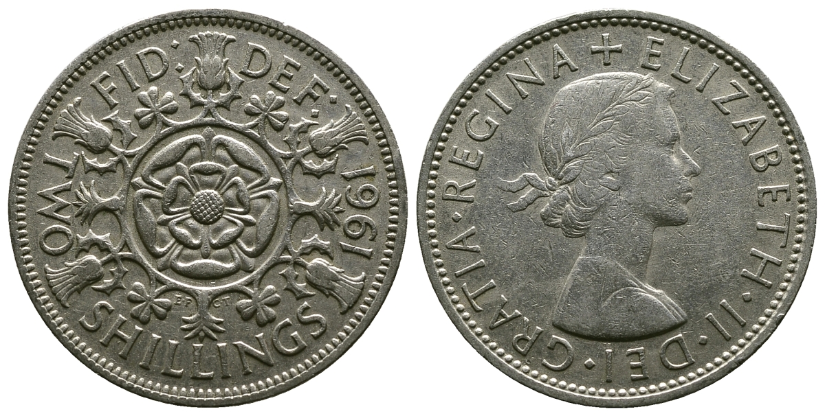 Великобритания 2 шиллинга (флорин) 1961 Елизавета II (1952-2022) KM 906, Spink 4146 медно-никель 4382-243