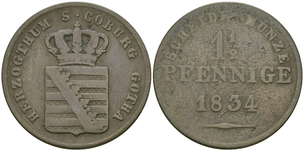 Саксен-Кобург и Гота 1 1/2 пфеннига 1834 KM 84 медь 99-746