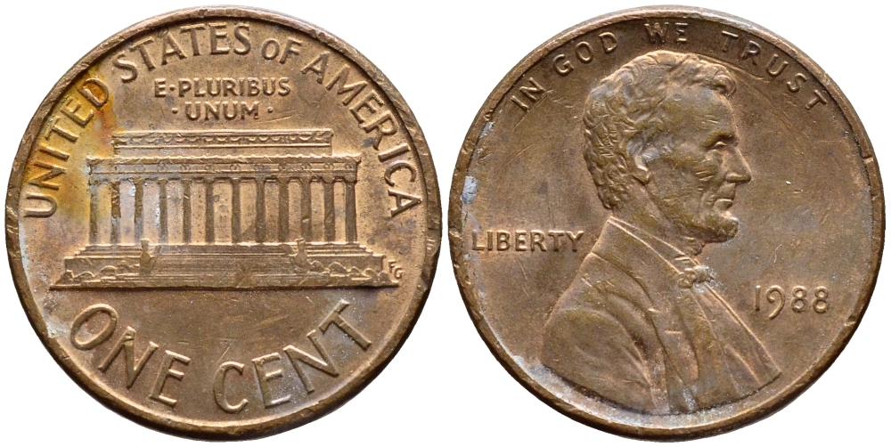 США 1 ЦЕНТ 1988 ЛИНКОЛЬН KM 201b цинк плакированный медью 4396-452