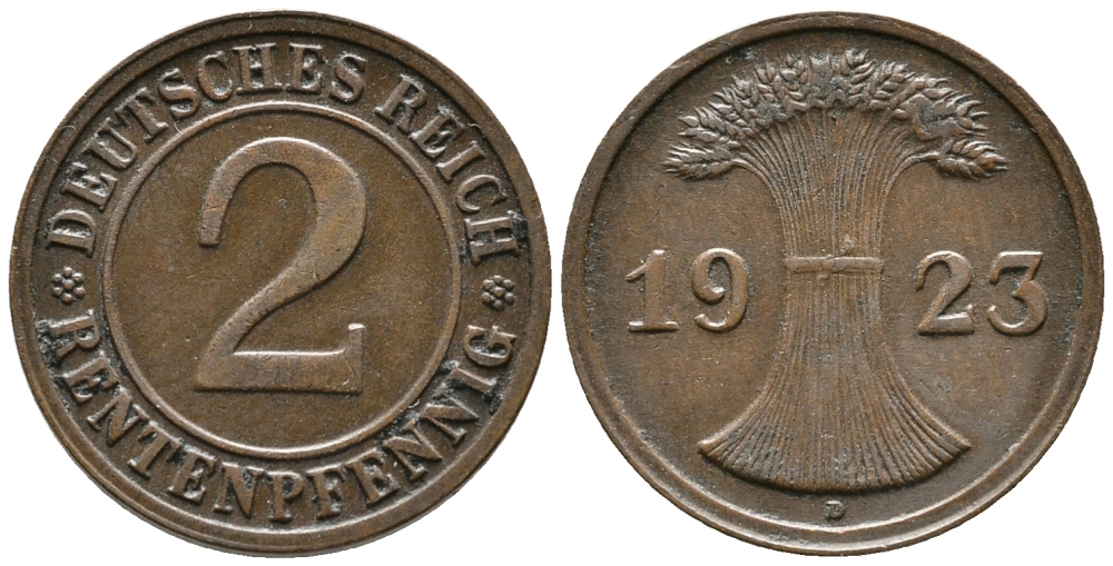 ГЕРМАНИЯ 2 РЕНТЕНПФЕННИГА 1923 D KM 31, J. 307 бронза 24-442
