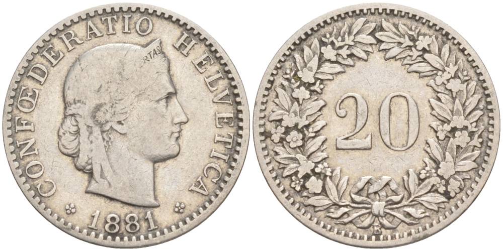 ШВЕЙЦАРИЯ 20 РАППЕНОВ 1881 В KM 29 никель 55-554