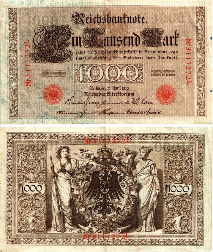 Германия 1000 марок 1910 Pick 44b бумага 7547-37-2-2