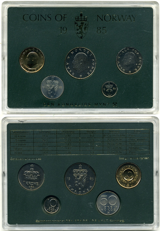Норвегия набор из 5 монет 1985 официальный набор в пластике, монетный двор KONGELIGE    BUNC  1-6-2-11