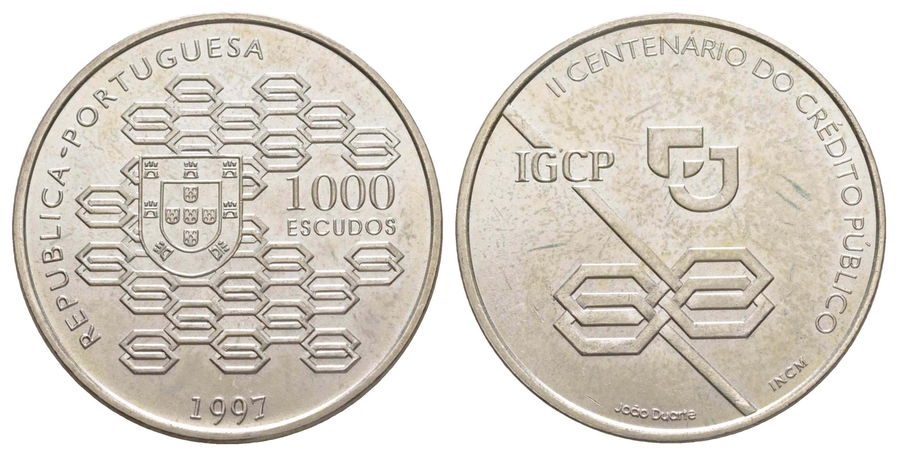 Португалия 1000 эскудо 1997 200 лет Государственному кредитованию KM 703 серебро BU 1088-1-52
