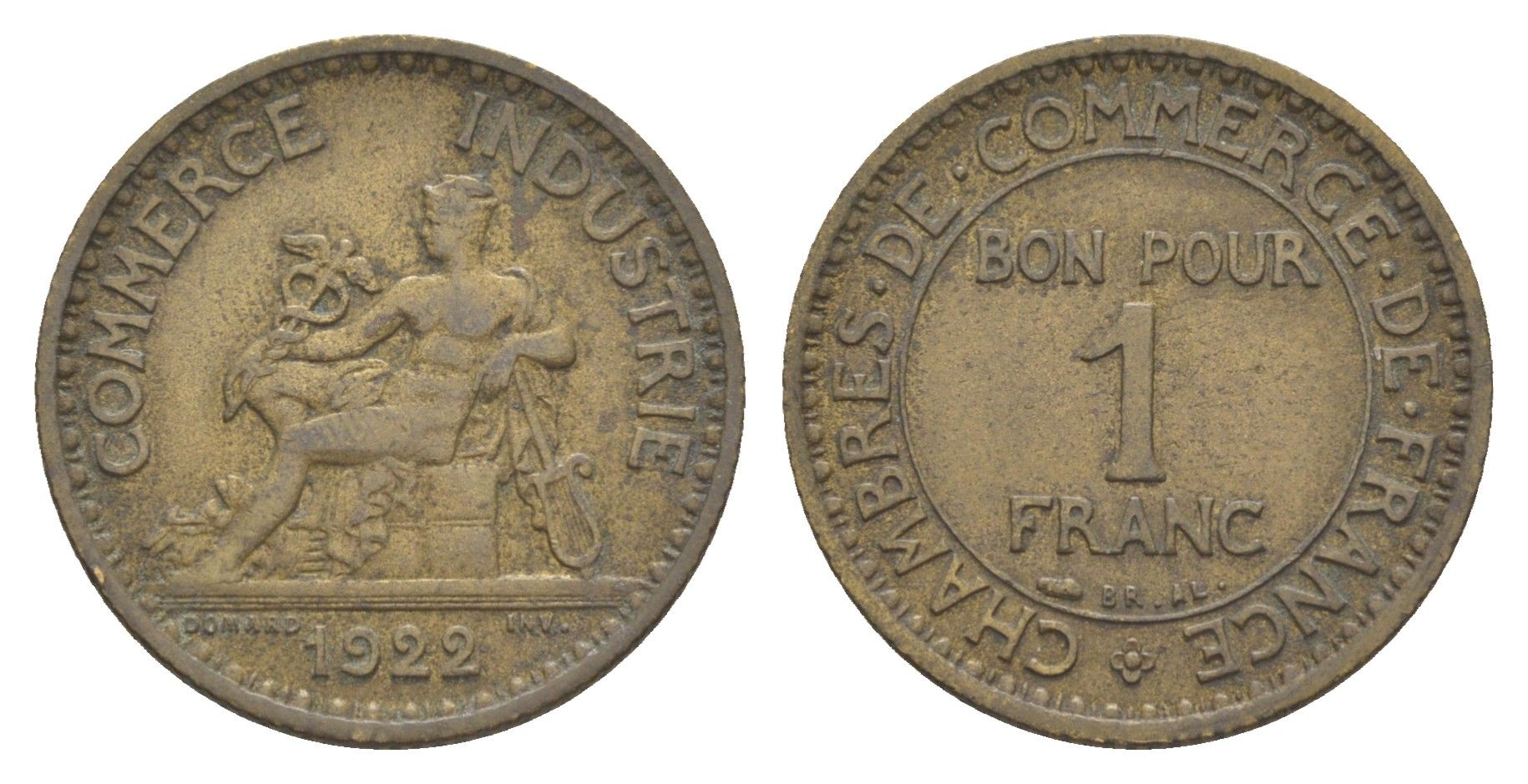 Франция 1 франк 1922 KM 876 алюминиевая бронза 83-721