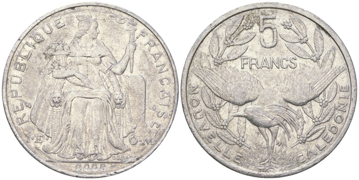 Французская Новая Каледония 5 франков 2008 птица кагу, (IEOM) KM 16, Schoen 12, Lec 81k алюминий 215-616