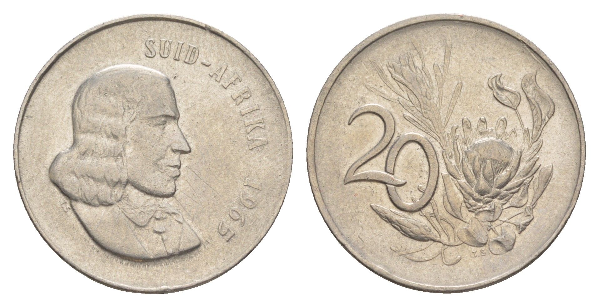 ЮАР 20 центов 1965 Ян ван Рибек (1619-1677), Suid Africa, легенда на африкаанс, цветок протея KM 69.2 никель 4603-933