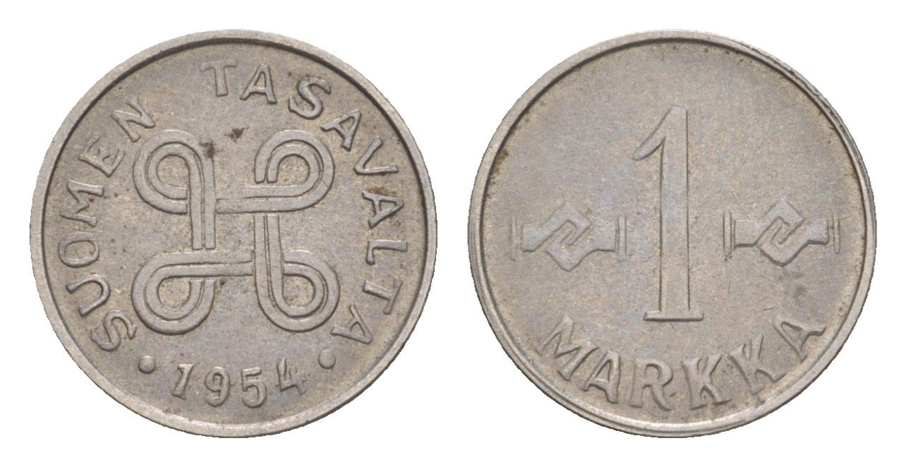 Финляндия 1 марка 1954 KM 36a железо плакированное никелем 4647-431