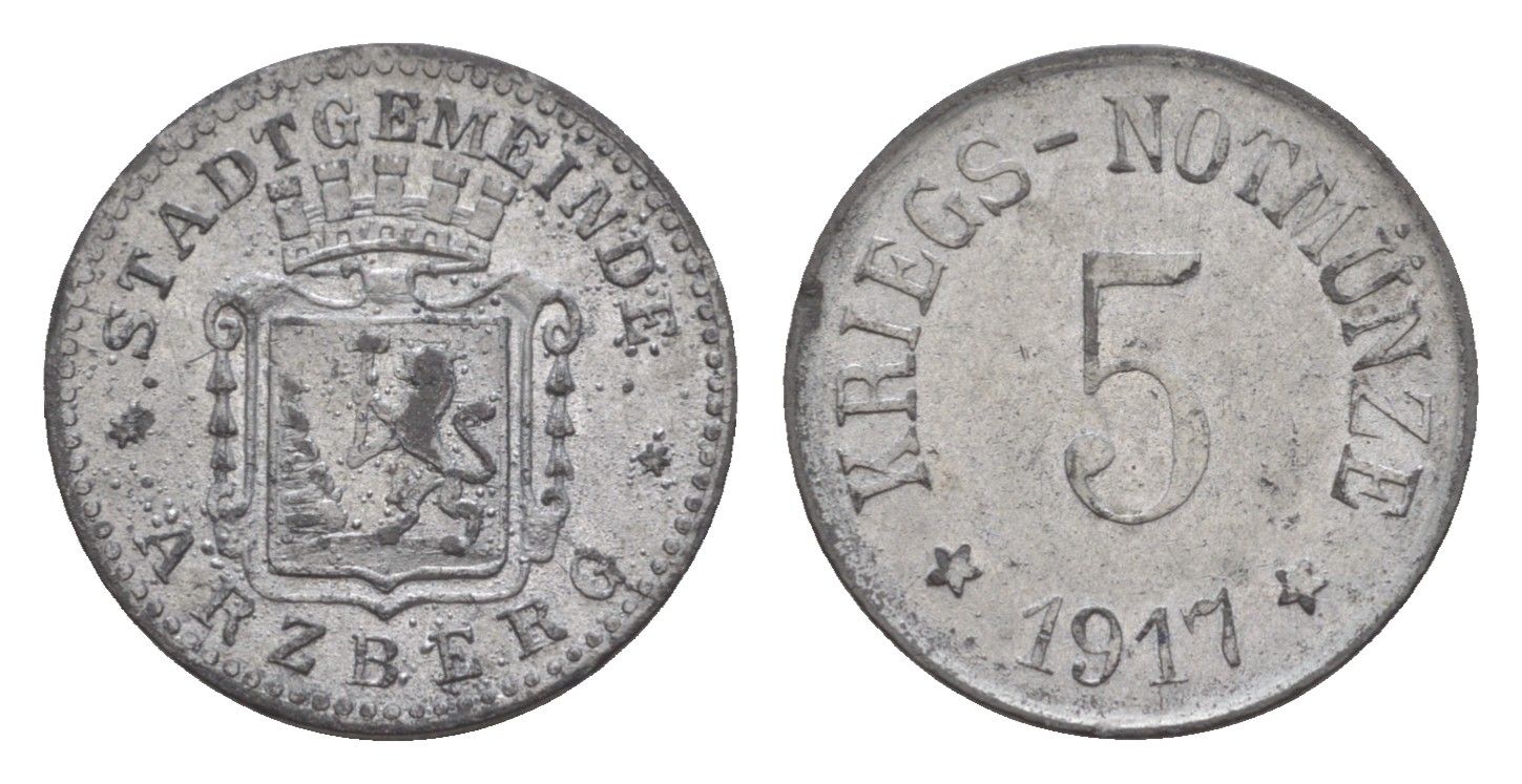 Арцберг 5 пфеннигов 1917 Funck 22.1, Men05 727.1, Men18 982.1 цинк 4639-133