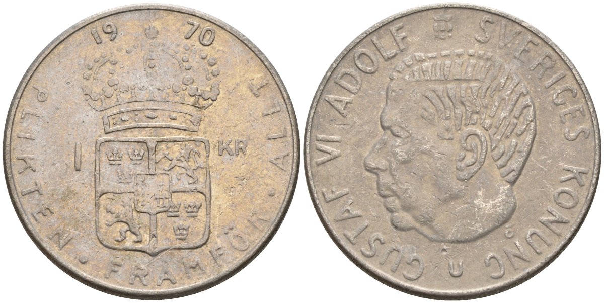 Швеция 1 крона 1970 U, Густав VI Адольф (1950-1973) KM 826a медь плакированный медно-никелем 4150-314