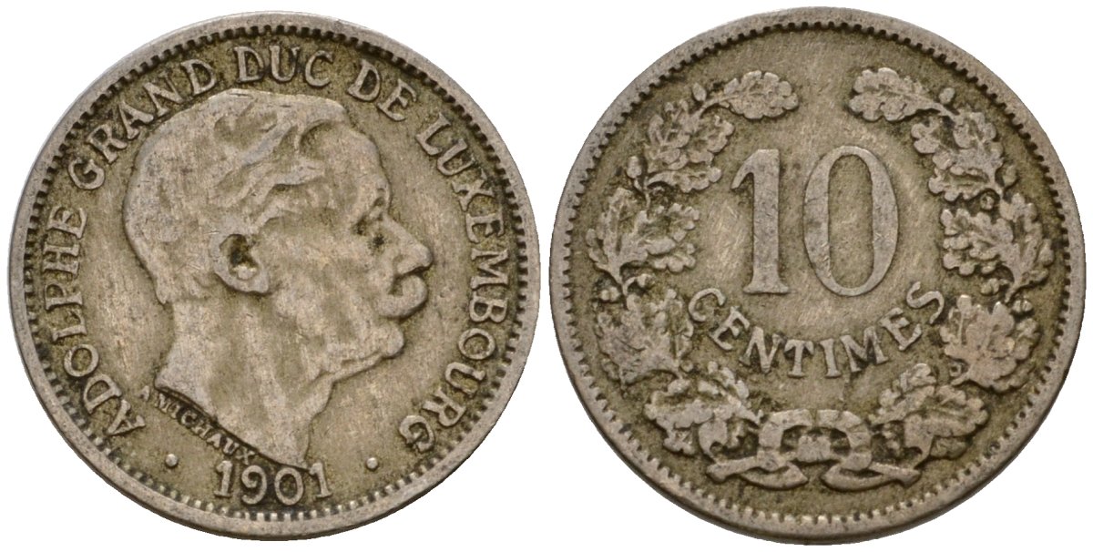 Люксембург 10 сантимов 1901 Адольф (1890-1905) KM 25 медно-никель 4602-451
