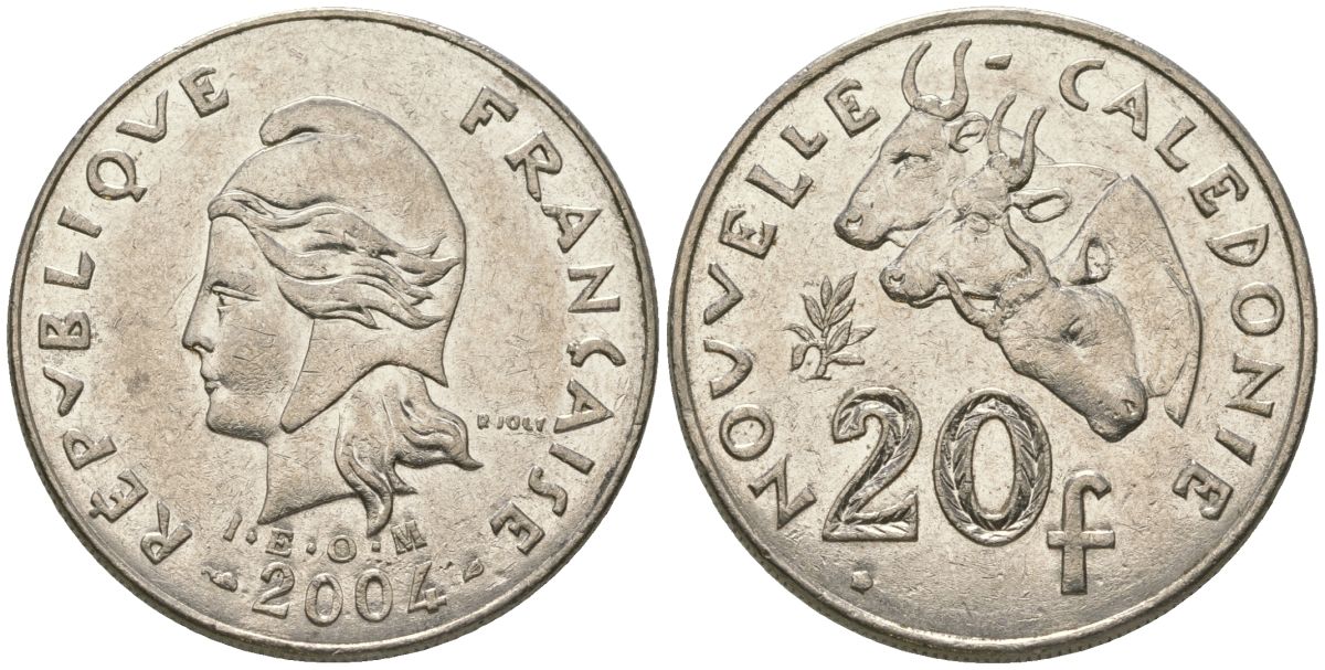 Французская Новая Каледония 20 франков 2004 три быка, (IEOM) KM 12, Schoen 14, Lec 115h никель 81-825