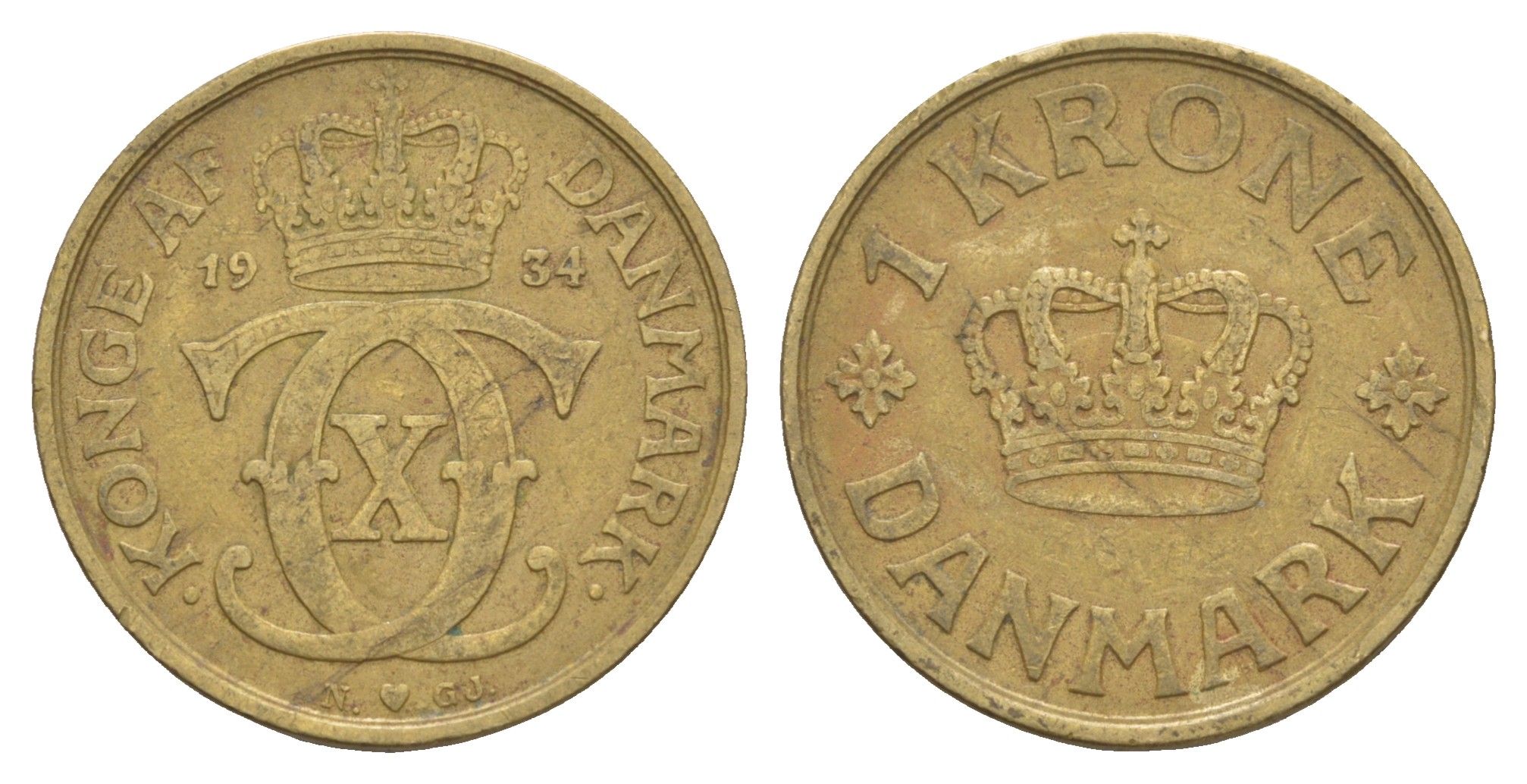 Дания 1 крона 1934 N, Кристиан X (1912-1947) KM 824 алюминиевая бронза 4654-735